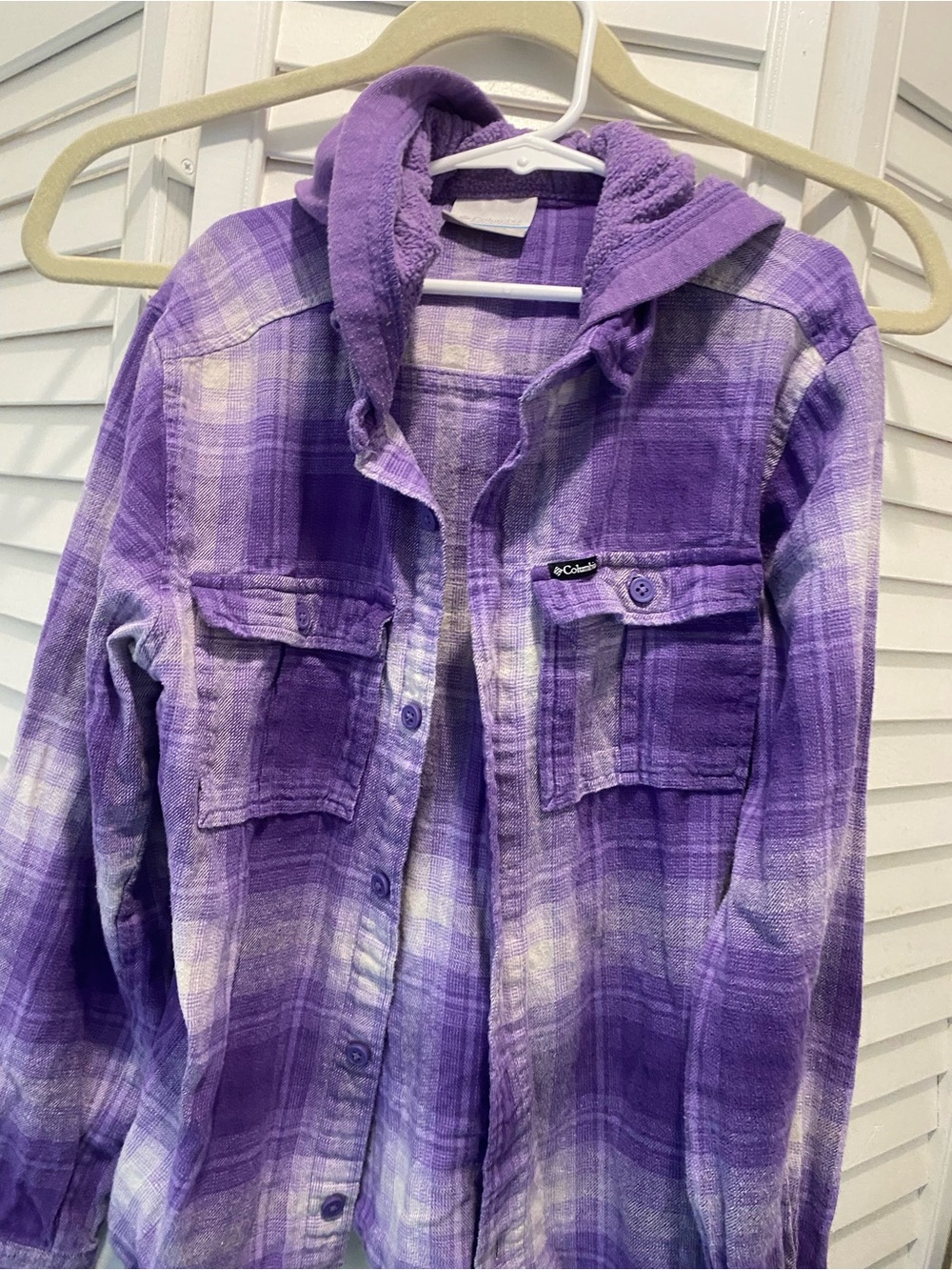Columbia Youth Girl's “Plaid Flannel Button Up Hoodie” Size M (10-12) Purple EUC